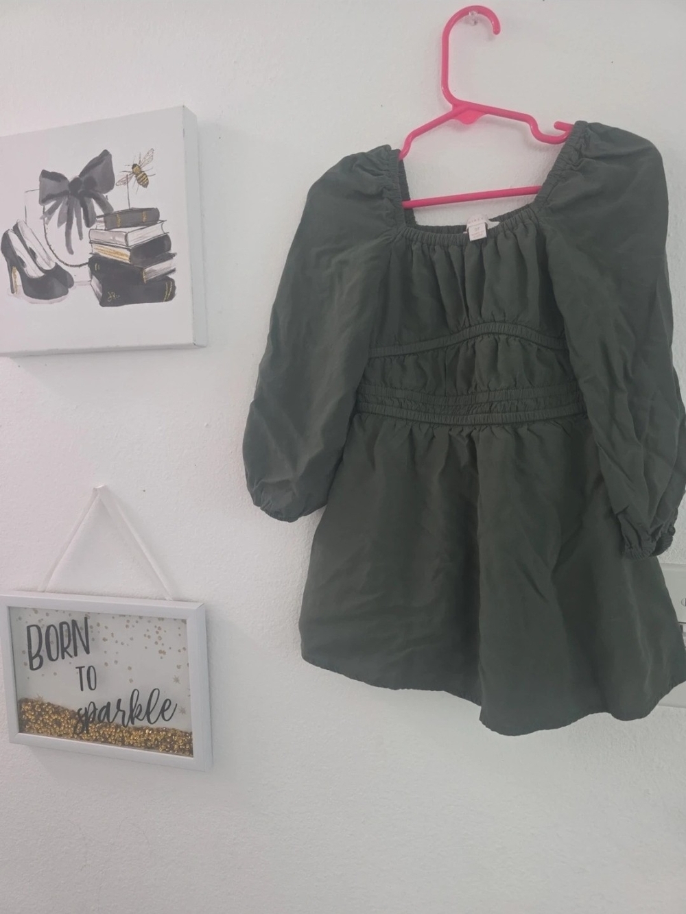 GB girls Olive Green Puff Sleeve Smocked Dress